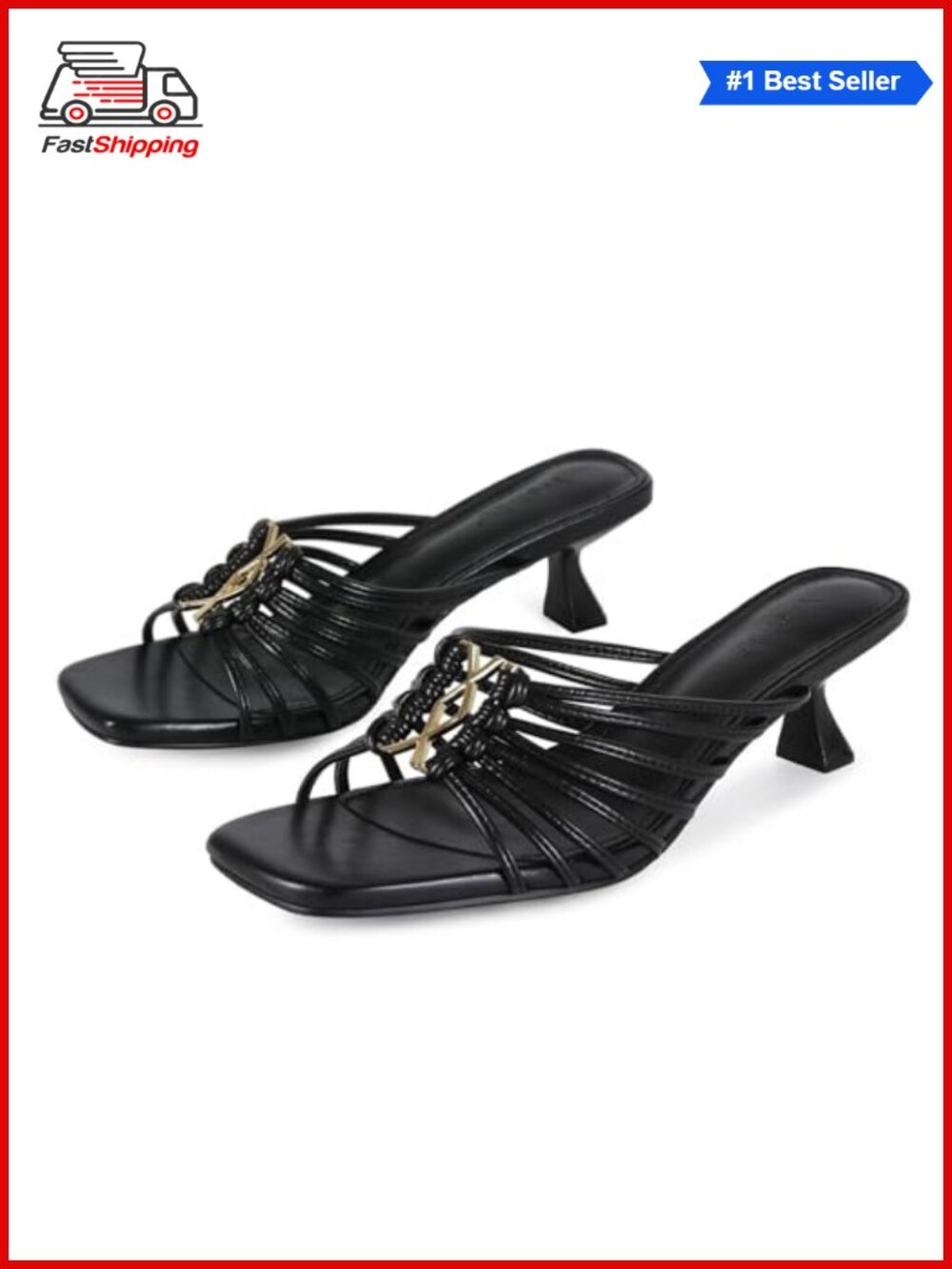 Square Toe Kitten Heel Sandals with Faux Leather and Gold Accent Straps